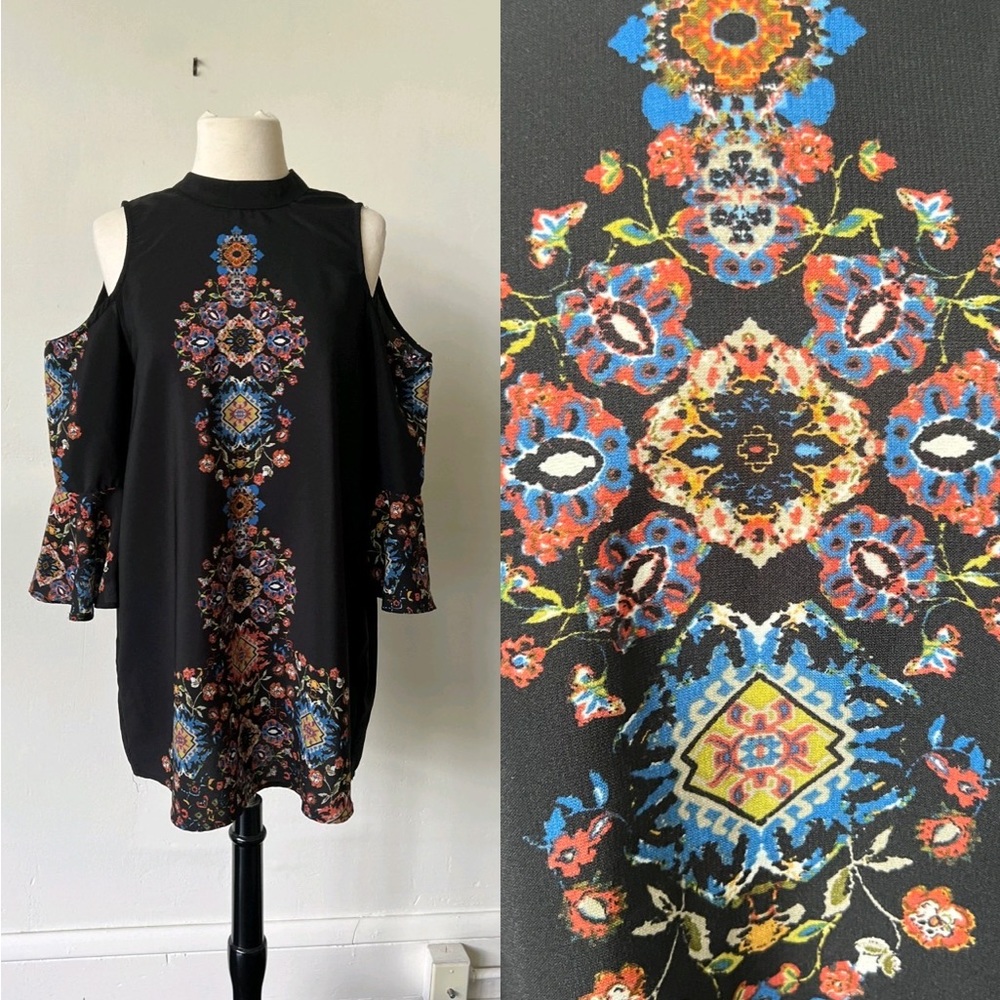 Meraki Black Bell Sleeve Boho Mini Dress